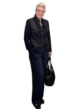 Calessa Black Ruffle Pinstripe Sweater Jacket – Size L